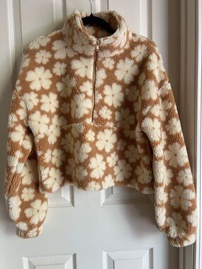 Billabong Cream & Brown Floral Sherpa Half-Zip sweatshirt